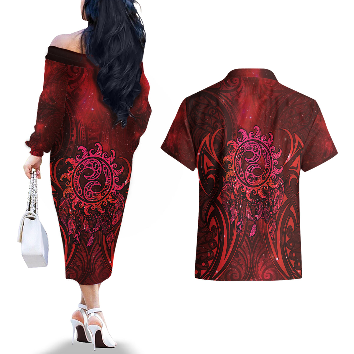 New Zealand Dream Catcher Couples Matching Off The Shoulder Long Sleeve Dress and Hawaiian Shirt Maori Koru Pattern Red Version LT05 - Polynesian Pride