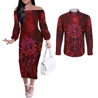 New Zealand Dream Catcher Couples Matching Off The Shoulder Long Sleeve Dress and Long Sleeve Button Shirt Maori Koru Pattern Red Version LT05 Red - Polynesian Pride