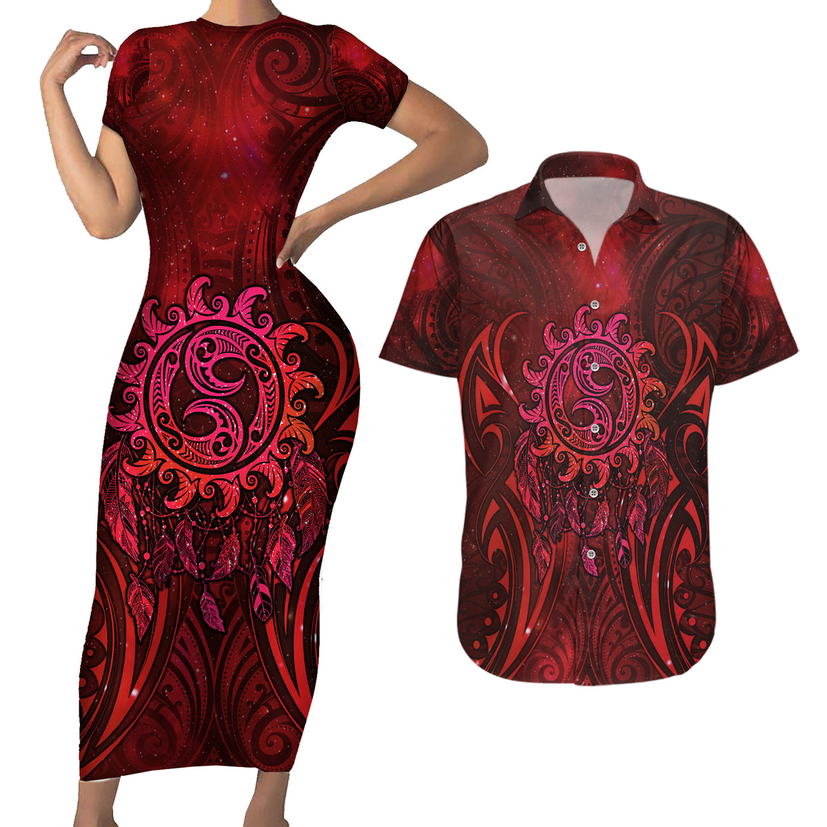 New Zealand Dream Catcher Couples Matching Short Sleeve Bodycon Dress and Hawaiian Shirt Maori Koru Pattern Red Version LT05 Red - Polynesian Pride