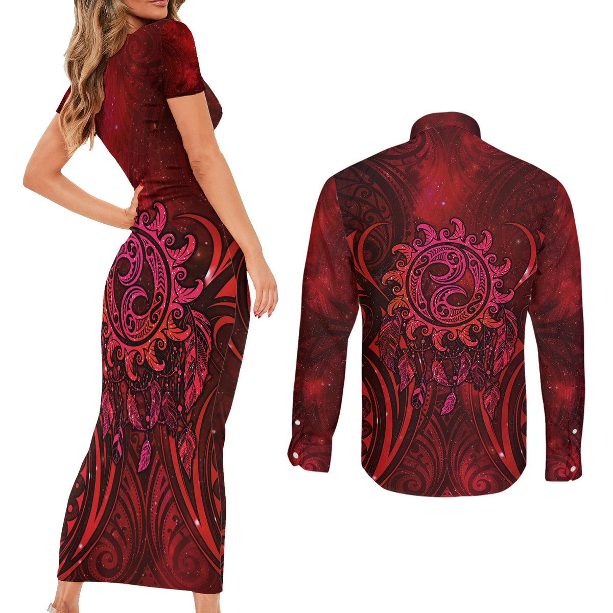 New Zealand Dream Catcher Couples Matching Short Sleeve Bodycon Dress and Long Sleeve Button Shirt Maori Koru Pattern Red Version LT05 - Polynesian Pride