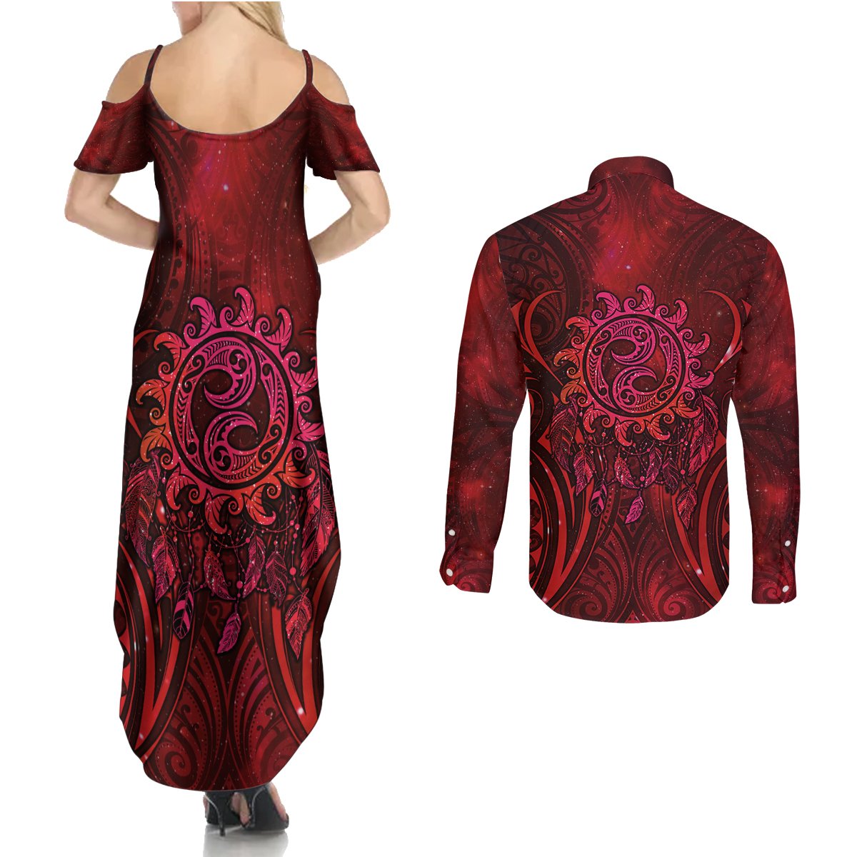 New Zealand Dream Catcher Couples Matching Summer Maxi Dress and Long Sleeve Button Shirt Maori Koru Pattern Red Version