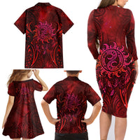 New Zealand Dream Catcher Family Matching Long Sleeve Bodycon Dress and Hawaiian Shirt Maori Koru Pattern Red Version LT05 - Polynesian Pride