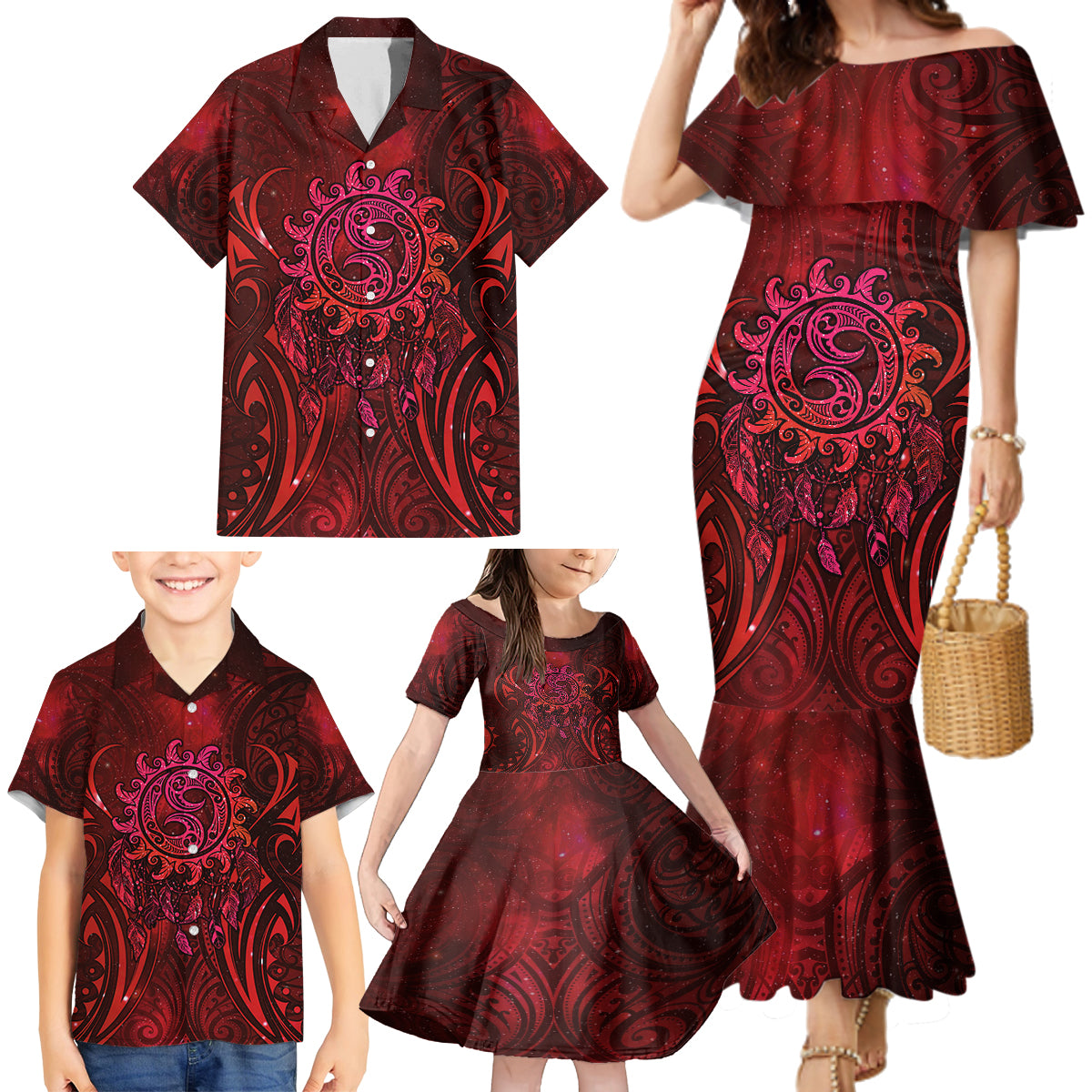 New Zealand Dream Catcher Family Matching Mermaid Dress and Hawaiian Shirt Maori Koru Pattern Red Version LT05 - Polynesian Pride