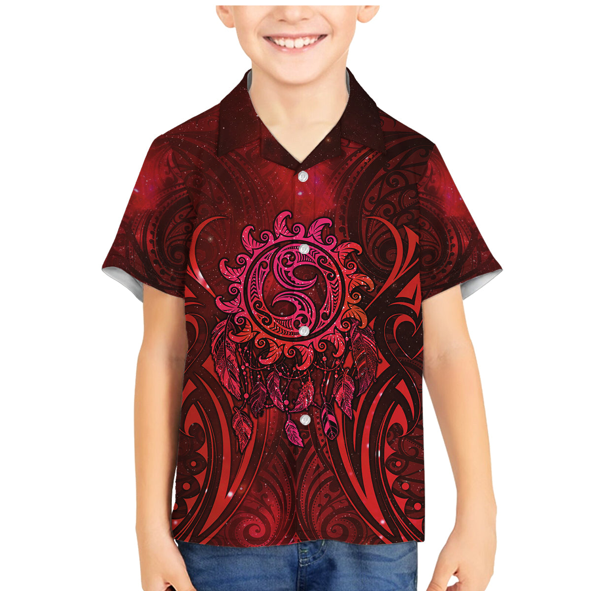New Zealand Dream Catcher Family Matching Mermaid Dress and Hawaiian Shirt Maori Koru Pattern Red Version LT05 Son's Shirt Red - Polynesian Pride