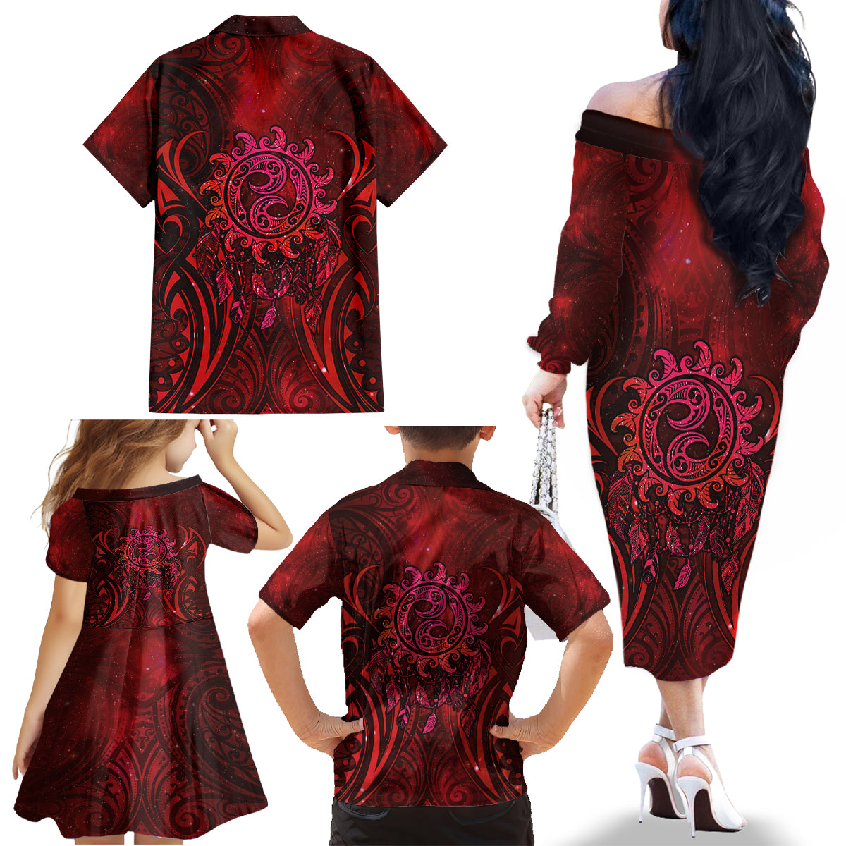 New Zealand Dream Catcher Family Matching Off The Shoulder Long Sleeve Dress and Hawaiian Shirt Maori Koru Pattern Red Version LT05 - Polynesian Pride