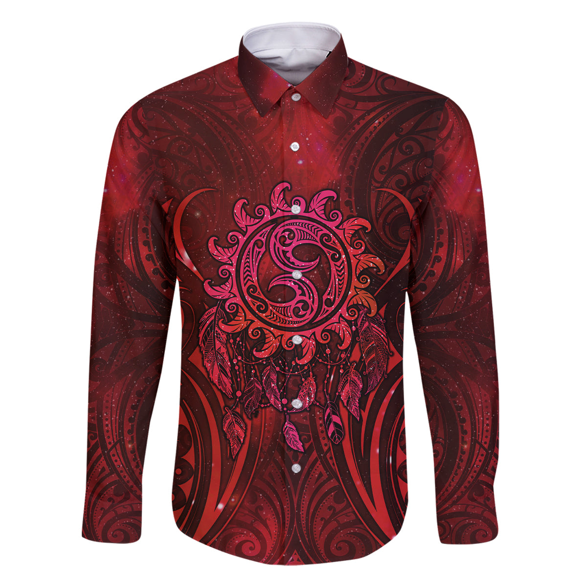 New Zealand Dream Catcher Family Matching Off The Shoulder Long Sleeve Dress and Hawaiian Shirt Maori Koru Pattern Red Version LT05 Dad's Shirt - Long Sleeve Red - Polynesian Pride