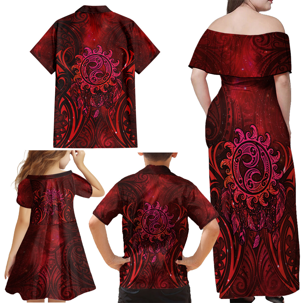 New Zealand Dream Catcher Family Matching Off Shoulder Maxi Dress and Hawaiian Shirt Maori Koru Pattern Red Version LT05 - Polynesian Pride