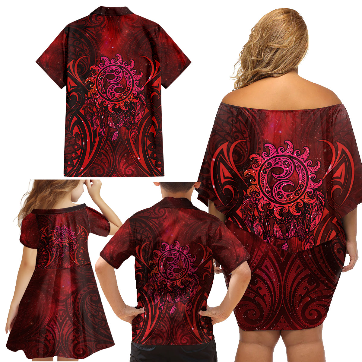 New Zealand Dream Catcher Family Matching Off Shoulder Short Dress and Hawaiian Shirt Maori Koru Pattern Red Version LT05 - Polynesian Pride