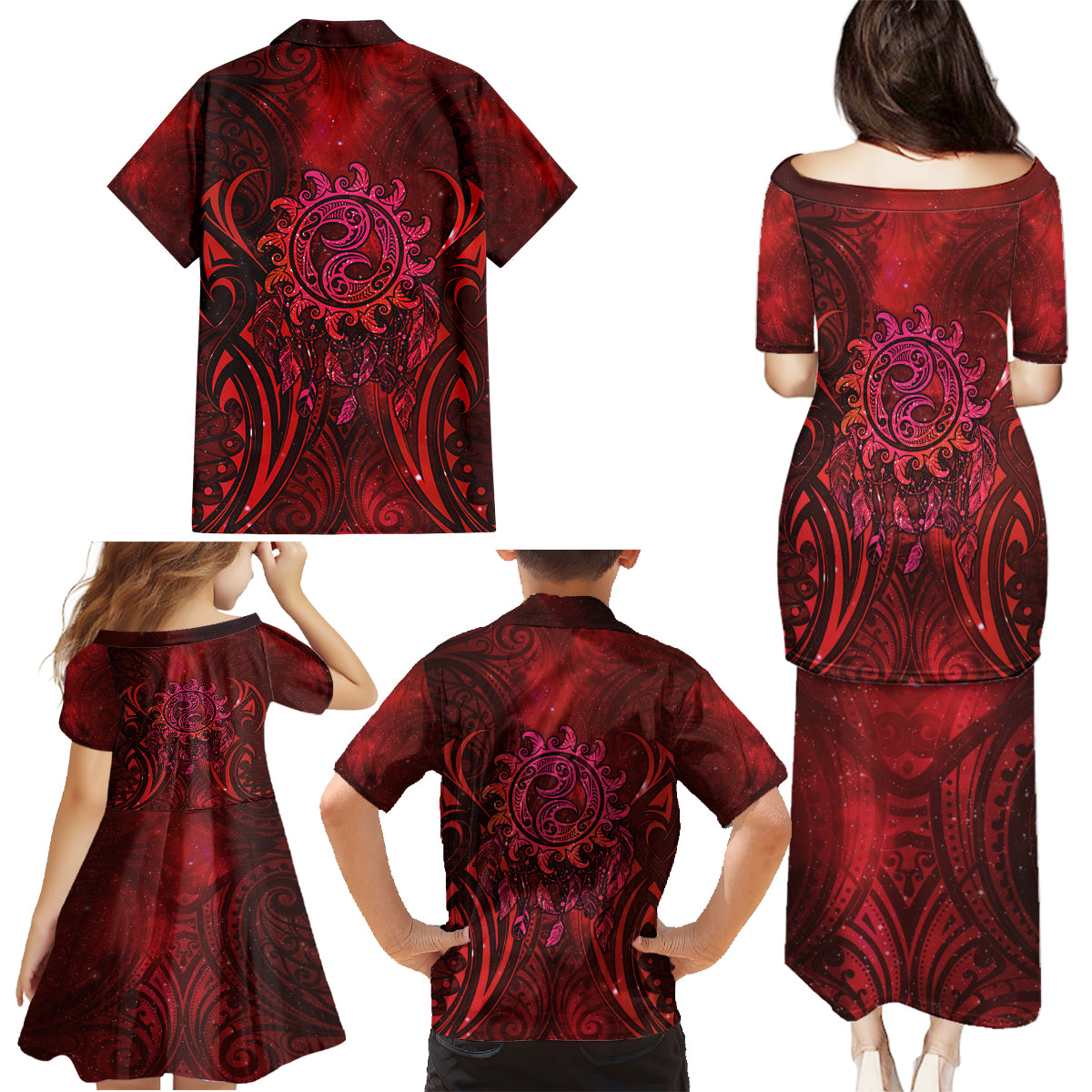 New Zealand Dream Catcher Family Matching Puletasi and Hawaiian Shirt Maori Koru Pattern Red Version LT05 - Polynesian Pride