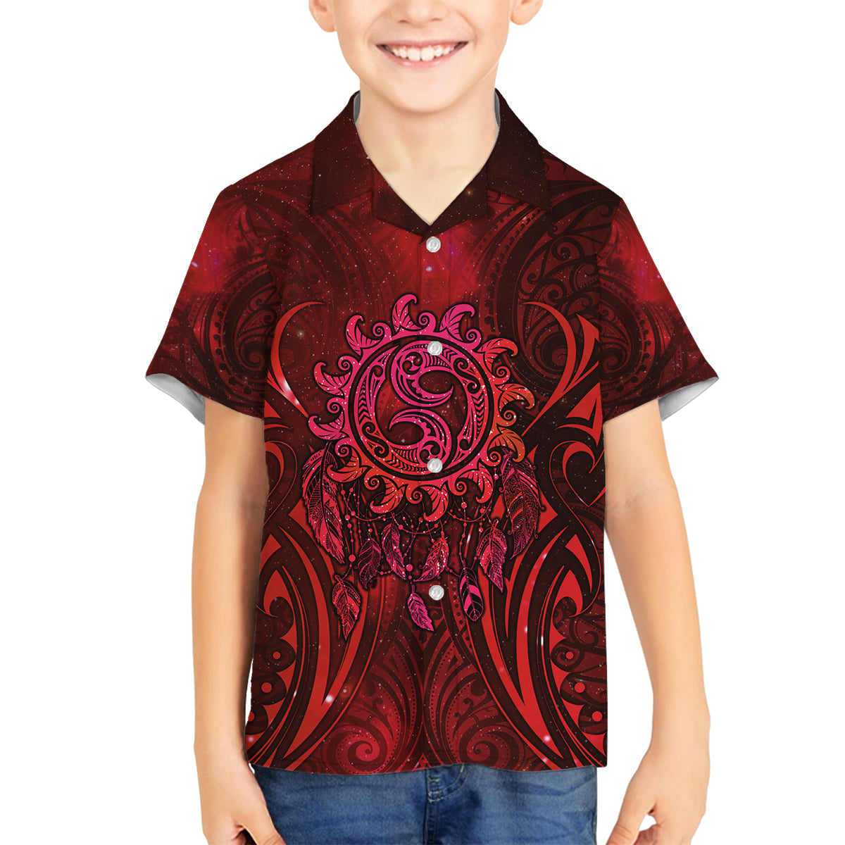 New Zealand Dream Catcher Family Matching Puletasi and Hawaiian Shirt Maori Koru Pattern Red Version LT05 Son's Shirt Red - Polynesian Pride