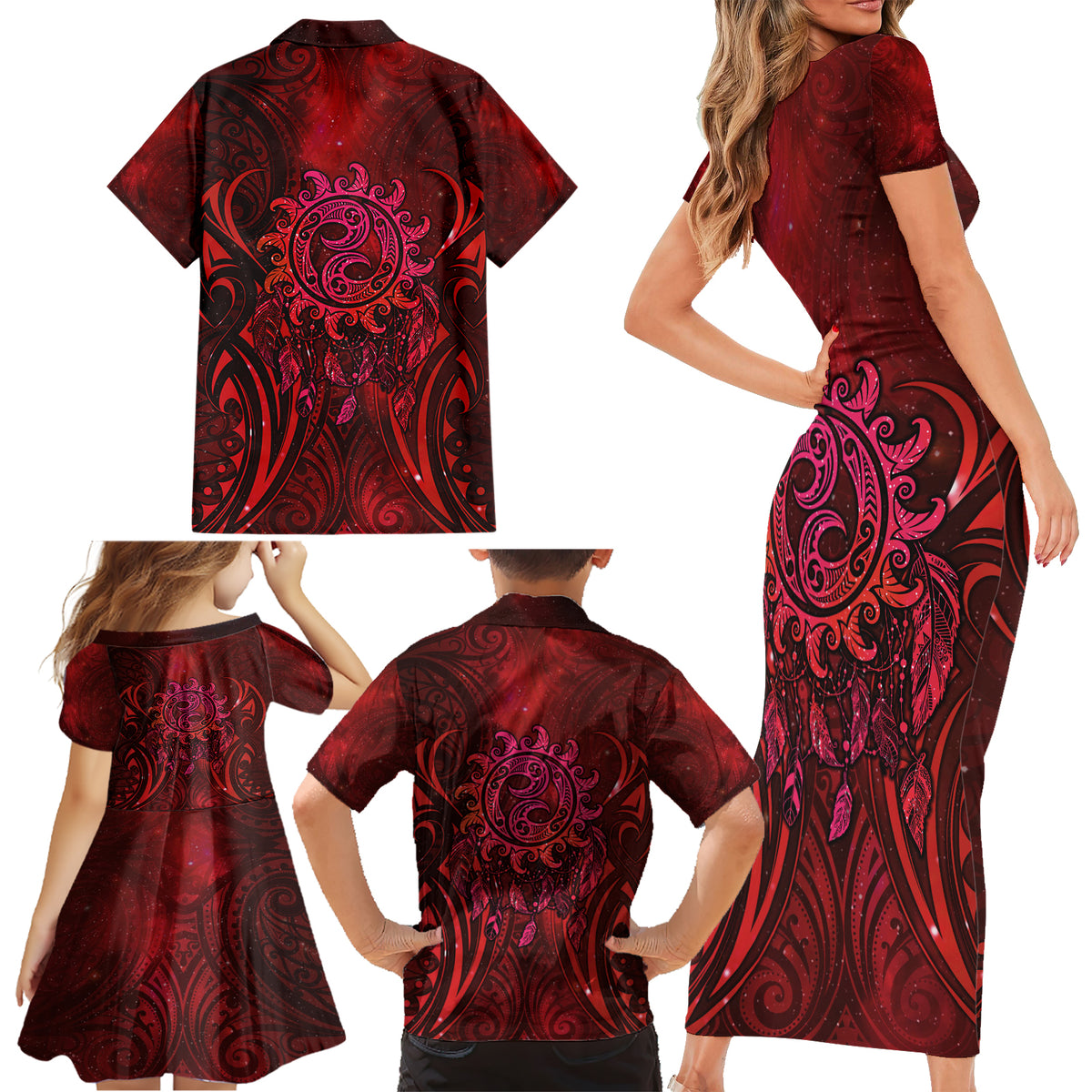 New Zealand Dream Catcher Family Matching Short Sleeve Bodycon Dress and Hawaiian Shirt Maori Koru Pattern Red Version LT05 - Polynesian Pride
