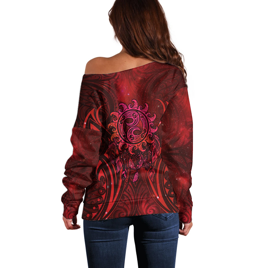 New Zealand Dream Catcher Off Shoulder Sweater Maori Koru Pattern Red Version