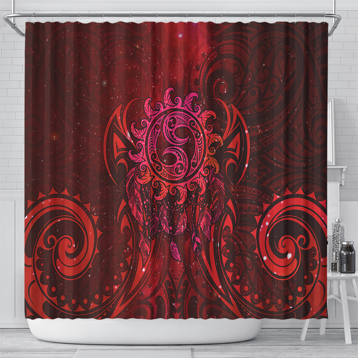 New Zealand Dream Catcher Shower Curtain Maori Koru Pattern Red Version LT05 - Polynesian Pride