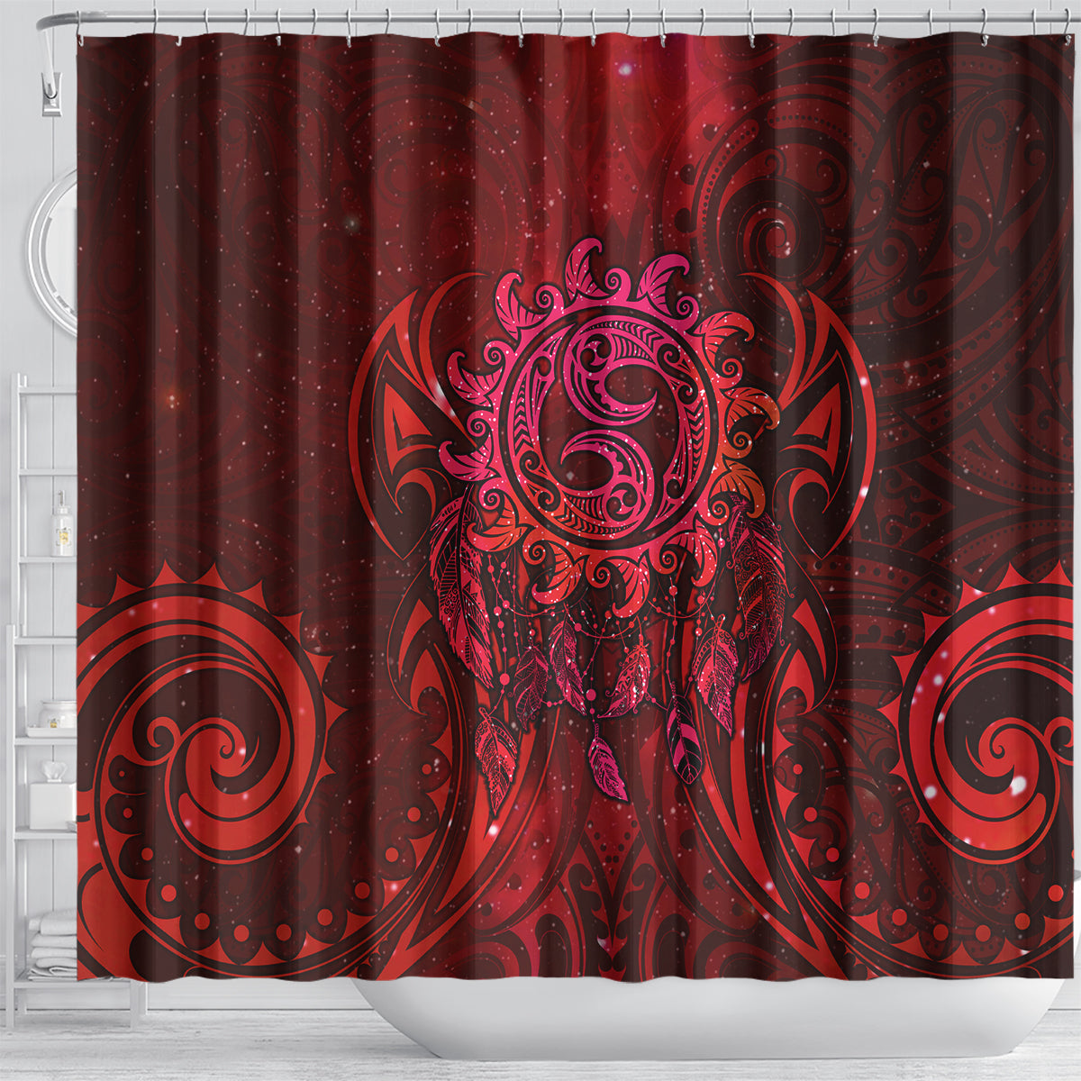 New Zealand Dream Catcher Shower Curtain Maori Koru Pattern Red Version LT05 - Polynesian Pride