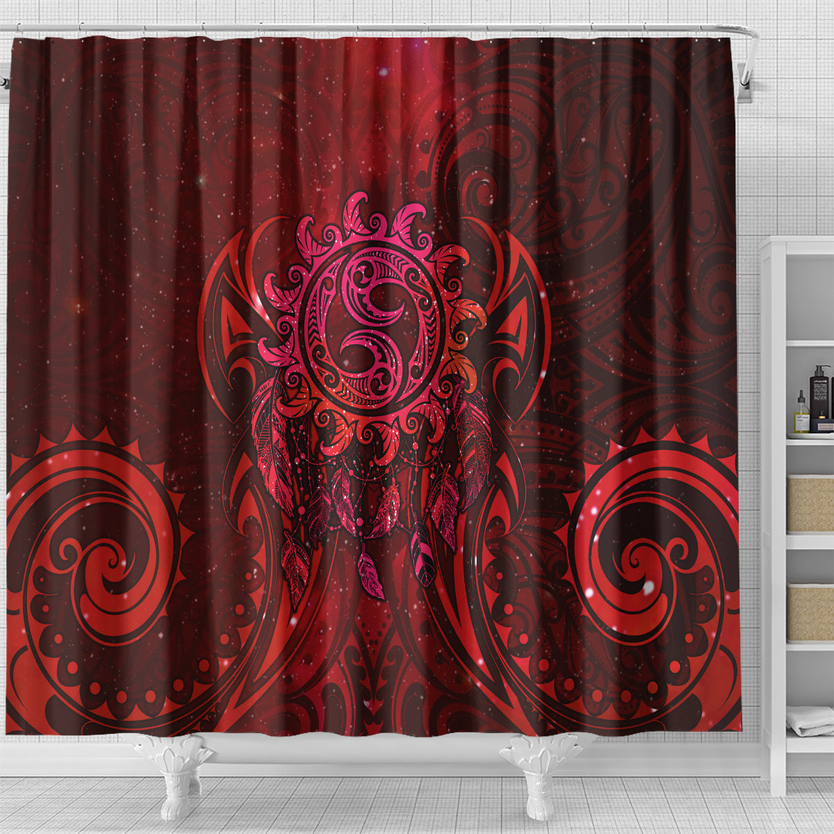 New Zealand Dream Catcher Shower Curtain Maori Koru Pattern Red Version LT05 - Polynesian Pride