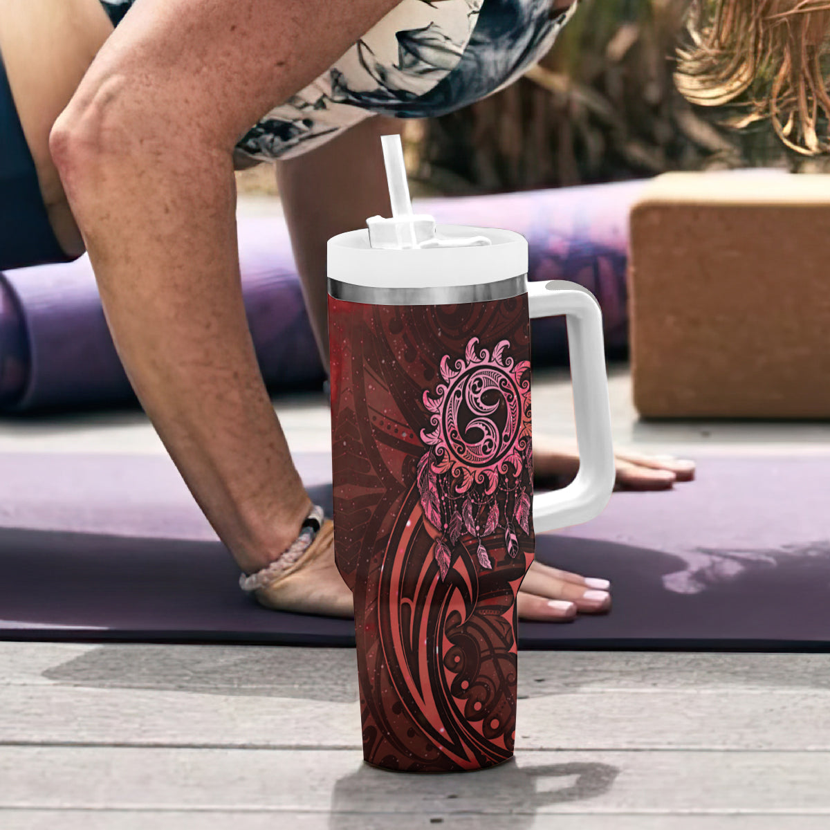 New Zealand Dream Catcher Tumbler With Handle Maori Koru Pattern Red Version