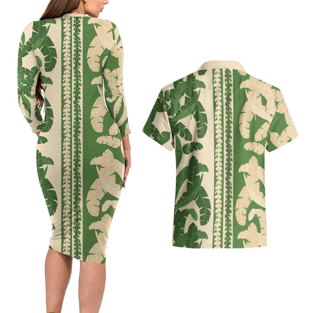 Hawaii Pua Kenikeni Lei Couples Matching Long Sleeve Bodycon Dress and Hawaiian Shirt With Lau Maia Green LT05 - Polynesian Pride