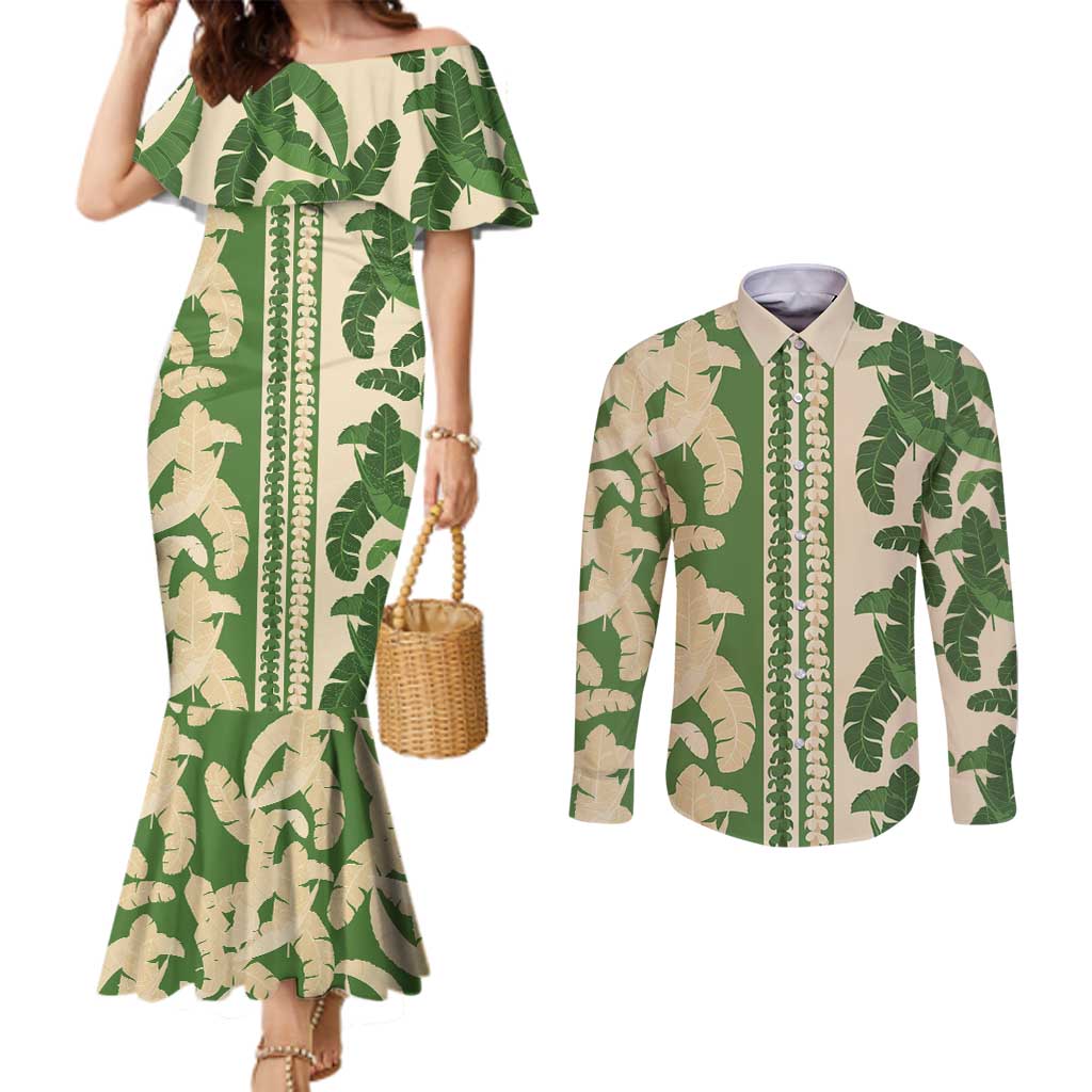 Hawaii Pua Kenikeni Lei Couples Matching Mermaid Dress and Long Sleeve Button Shirt With Lau Maia Green LT05 Green - Polynesian Pride