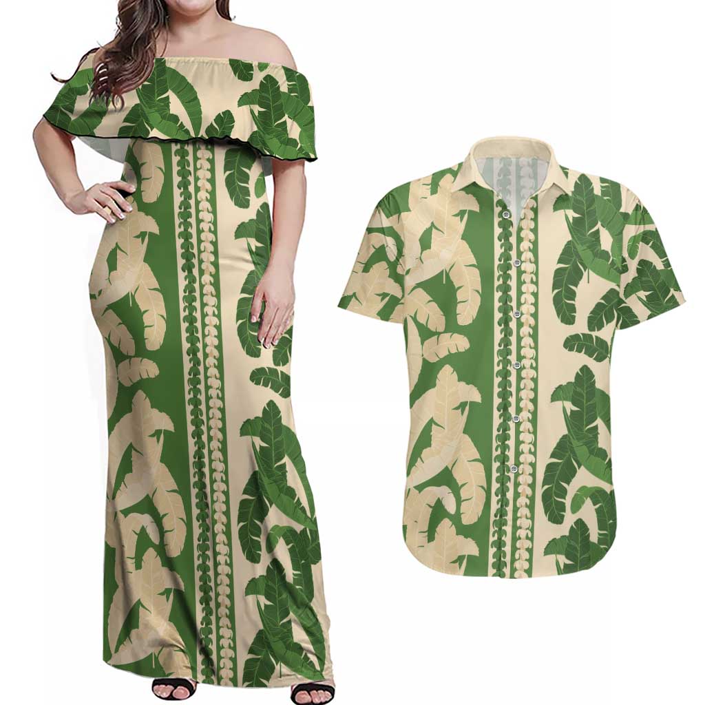 Hawaii Pua Kenikeni Lei Couples Matching Off Shoulder Maxi Dress and Hawaiian Shirt With Lau Maia Green LT05 Green - Polynesian Pride