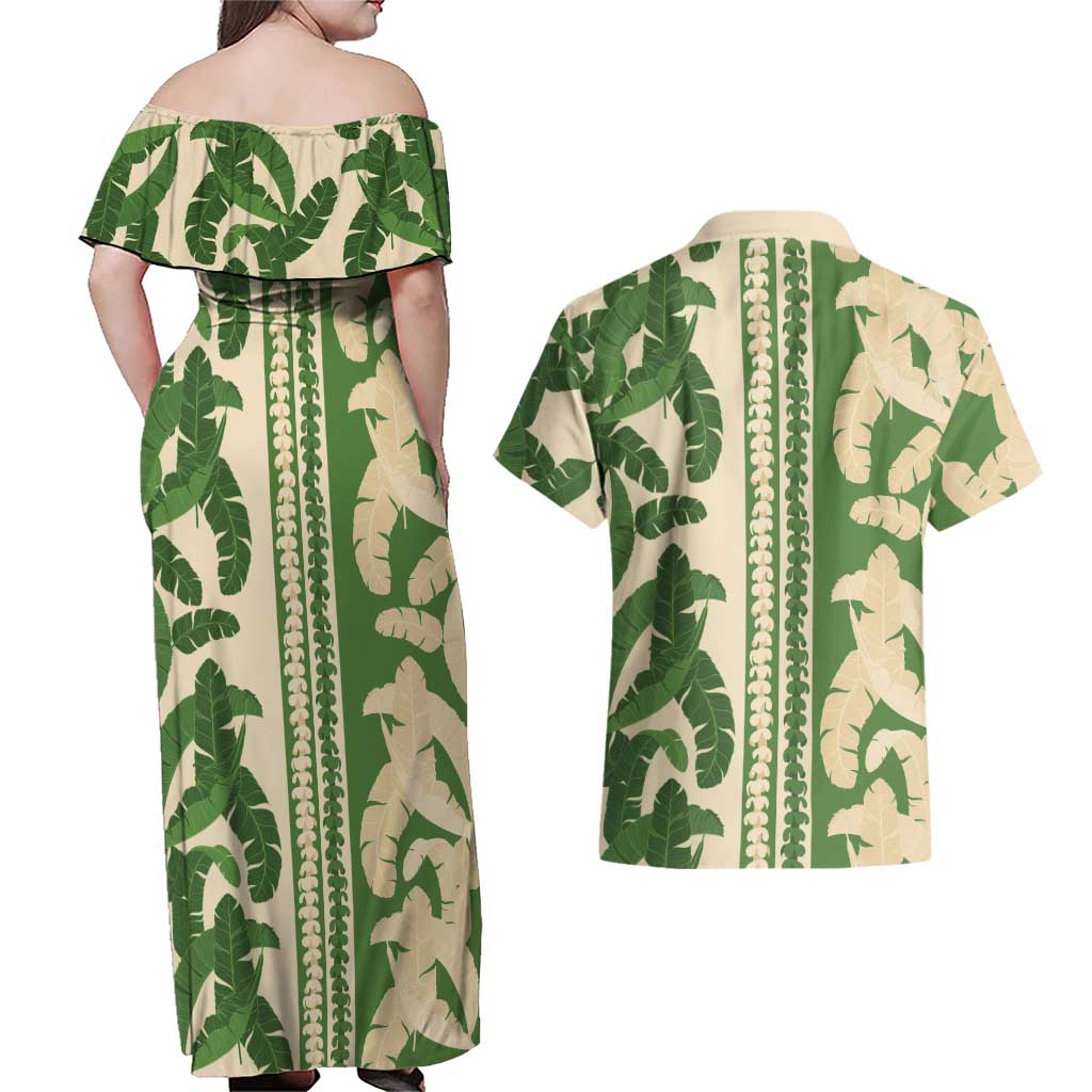 Hawaii Pua Kenikeni Lei Couples Matching Off Shoulder Maxi Dress and Hawaiian Shirt With Lau Maia Green LT05 - Polynesian Pride
