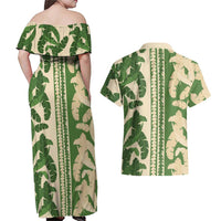 Hawaii Pua Kenikeni Lei Couples Matching Off Shoulder Maxi Dress and Hawaiian Shirt With Lau Maia Green LT05 - Polynesian Pride
