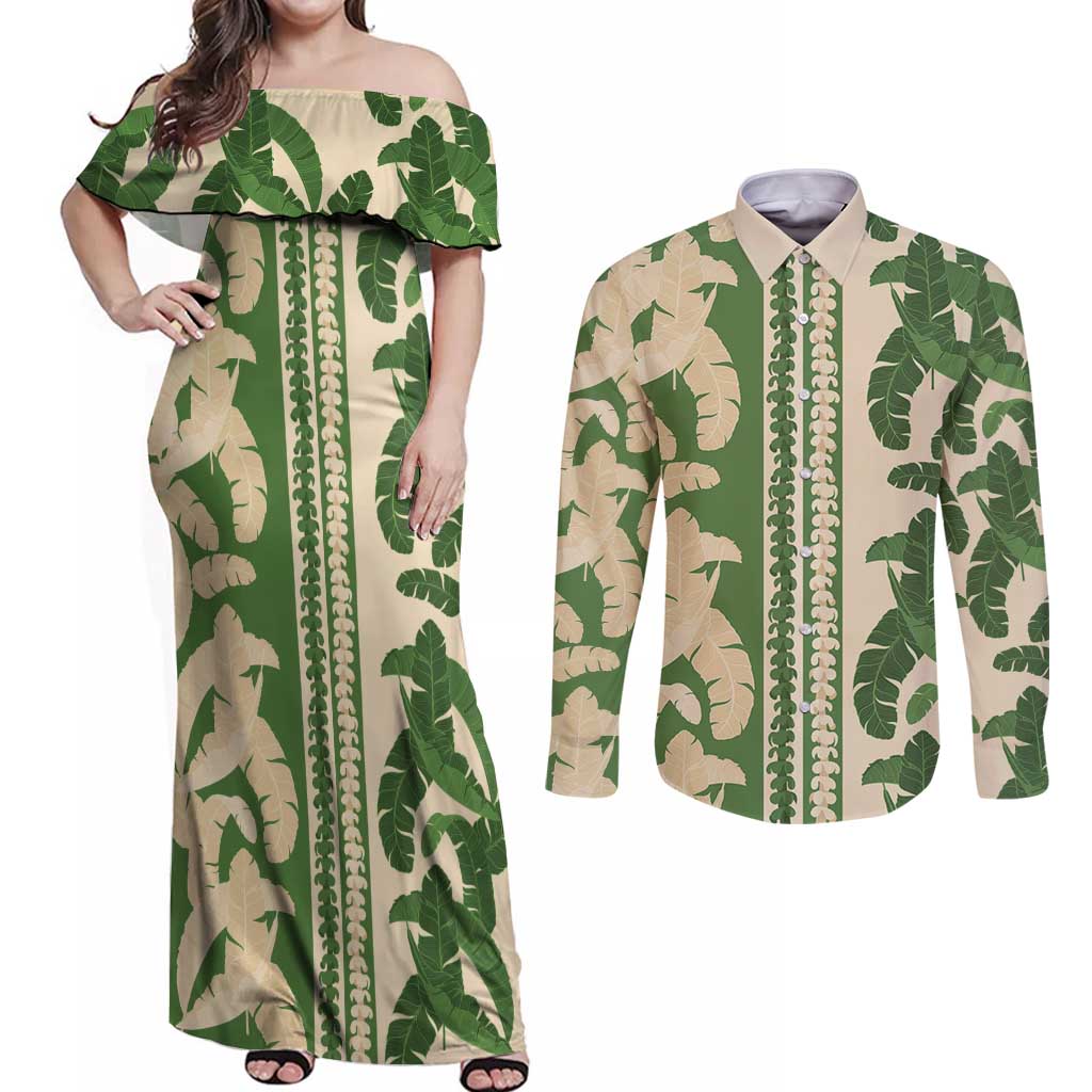 Hawaii Pua Kenikeni Lei Couples Matching Off Shoulder Maxi Dress and Long Sleeve Button Shirt With Lau Maia Green