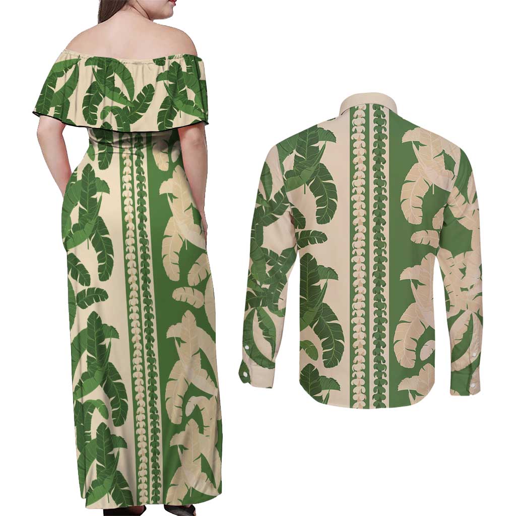 Hawaii Pua Kenikeni Lei Couples Matching Off Shoulder Maxi Dress and Long Sleeve Button Shirt With Lau Maia Green LT05 - Polynesian Pride