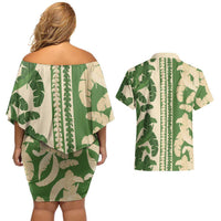Hawaii Pua Kenikeni Lei Couples Matching Off Shoulder Short Dress and Hawaiian Shirt With Lau Maia Green LT05 - Polynesian Pride