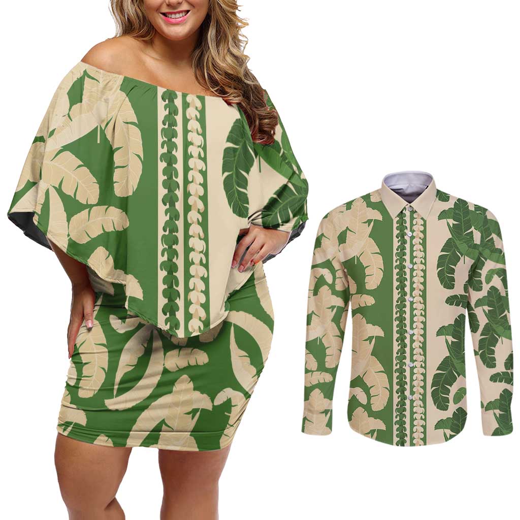Hawaii Pua Kenikeni Lei Couples Matching Off Shoulder Short Dress and Long Sleeve Button Shirt With Lau Maia Green