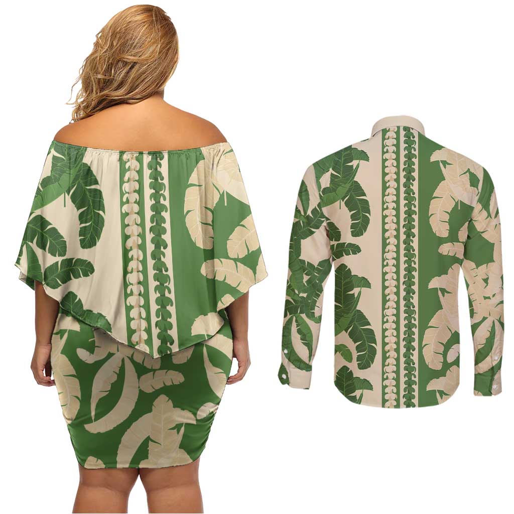 Hawaii Pua Kenikeni Lei Couples Matching Off Shoulder Short Dress and Long Sleeve Button Shirt With Lau Maia Green LT05 - Polynesian Pride