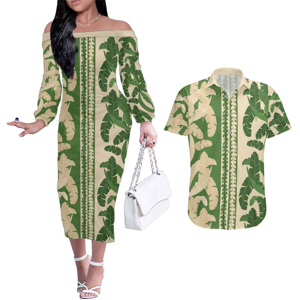 Hawaii Pua Kenikeni Lei Couples Matching Off The Shoulder Long Sleeve Dress and Hawaiian Shirt With Lau Maia Green