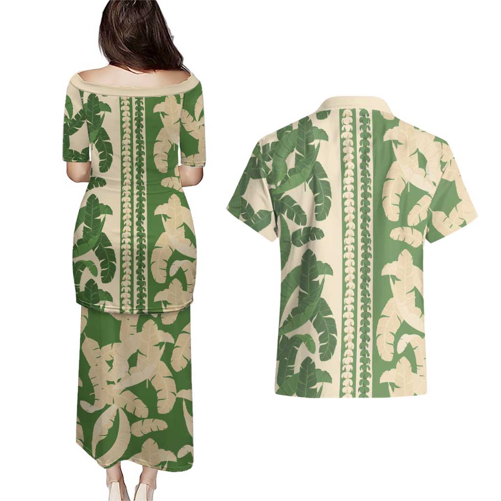 Hawaii Pua Kenikeni Lei Couples Matching Puletasi and Hawaiian Shirt With Lau Maia Green LT05 - Polynesian Pride
