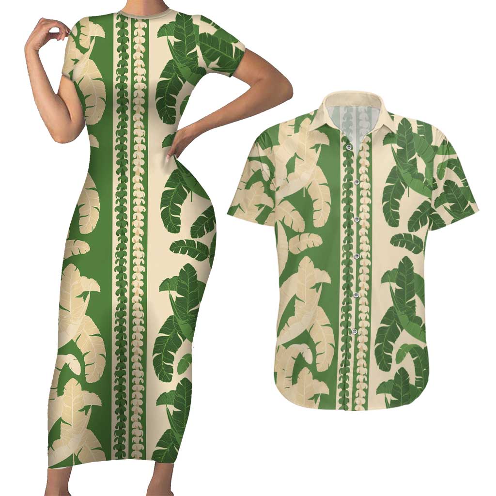 Hawaii Pua Kenikeni Lei Couples Matching Short Sleeve Bodycon Dress and Hawaiian Shirt With Lau Maia Green LT05 Green - Polynesian Pride