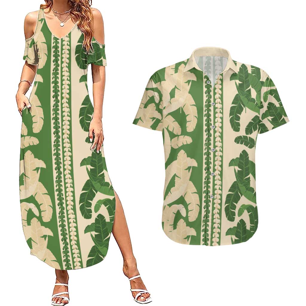 Hawaii Pua Kenikeni Lei Couples Matching Summer Maxi Dress and Hawaiian Shirt With Lau Maia Green LT05 Green - Polynesian Pride