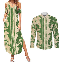 Hawaii Pua Kenikeni Lei Couples Matching Summer Maxi Dress and Long Sleeve Button Shirt With Lau Maia Green LT05 Green - Polynesian Pride