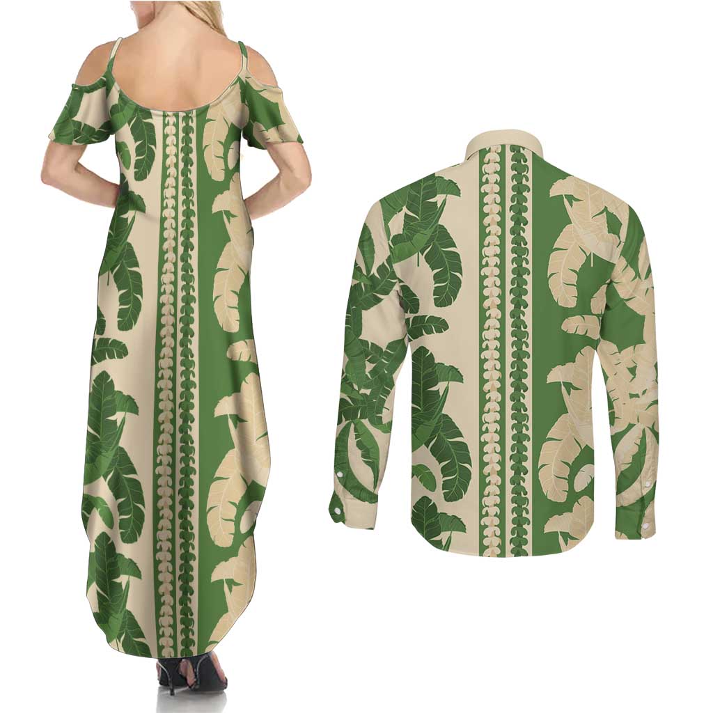 Hawaii Pua Kenikeni Lei Couples Matching Summer Maxi Dress and Long Sleeve Button Shirt With Lau Maia Green LT05 - Polynesian Pride