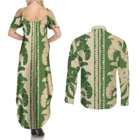 Hawaii Pua Kenikeni Lei Couples Matching Summer Maxi Dress and Long Sleeve Button Shirt With Lau Maia Green LT05 - Polynesian Pride