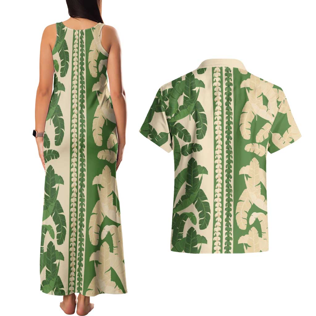 Hawaii Pua Kenikeni Lei Couples Matching Tank Maxi Dress and Hawaiian Shirt With Lau Maia Green LT05 - Polynesian Pride