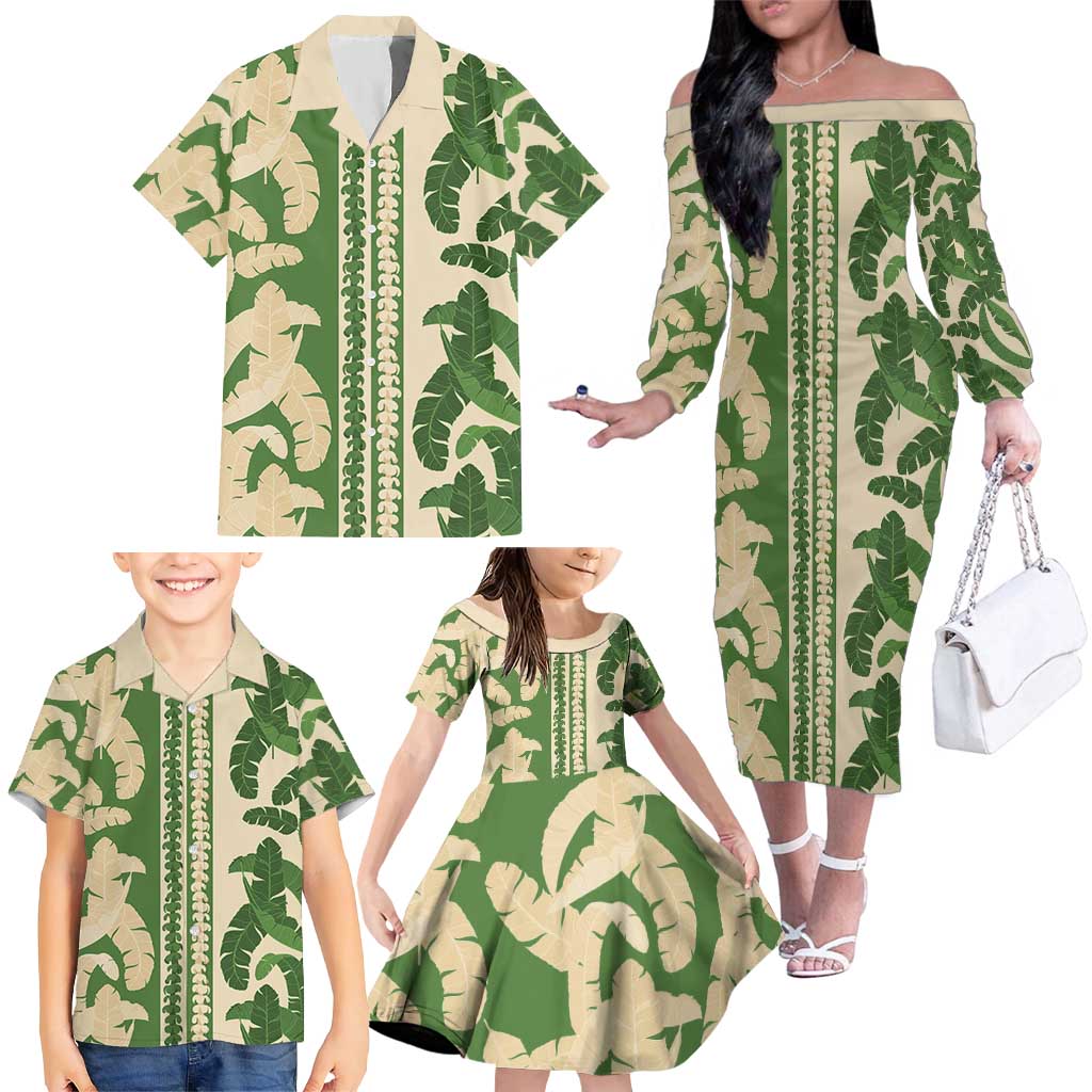 Hawaii Pua Kenikeni Lei Family Matching Off The Shoulder Long Sleeve Dress and Hawaiian Shirt With Lau Maia Green LT05 - Polynesian Pride