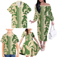 Hawaii Pua Kenikeni Lei Family Matching Off The Shoulder Long Sleeve Dress and Hawaiian Shirt With Lau Maia Green LT05 - Polynesian Pride