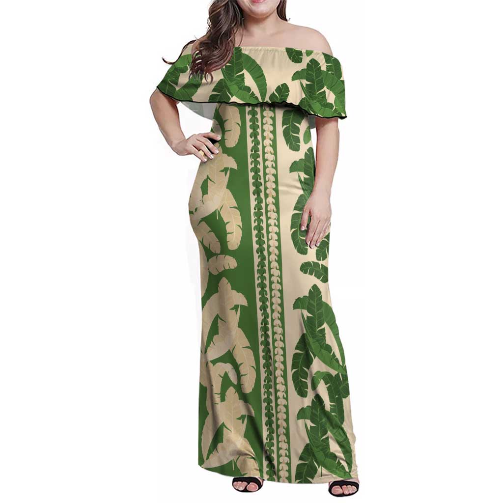 Hawaii Pua Kenikeni Lei Family Matching Off Shoulder Maxi Dress and Hawaiian Shirt With Lau Maia Green LT05 Mom's Dress Green - Polynesian Pride