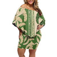 Hawaii Pua Kenikeni Lei Family Matching Off Shoulder Short Dress and Hawaiian Shirt With Lau Maia Green LT05 Mom's Dress Green - Polynesian Pride
