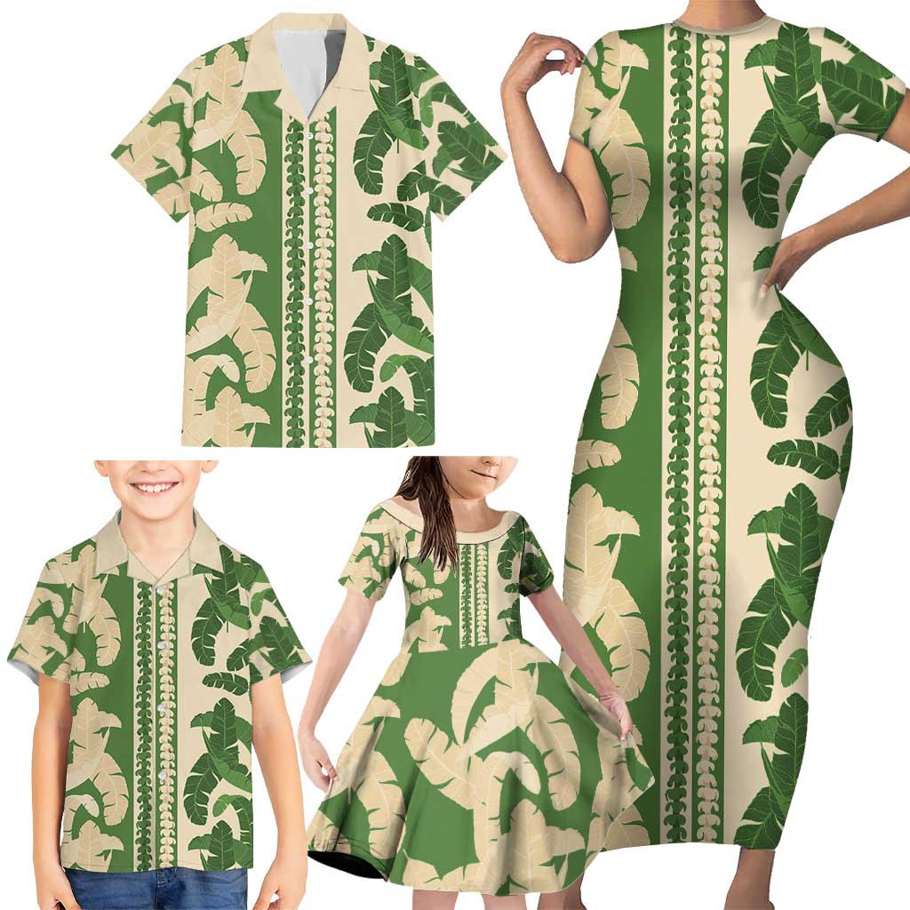 Hawaii Pua Kenikeni Lei Family Matching Short Sleeve Bodycon Dress and Hawaiian Shirt With Lau Maia Green LT05 - Polynesian Pride