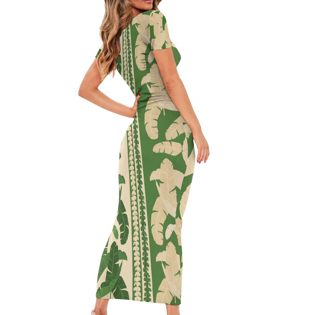 Hawaii Pua Kenikeni Lei Family Matching Short Sleeve Bodycon Dress and Hawaiian Shirt With Lau Maia Green LT05 - Polynesian Pride