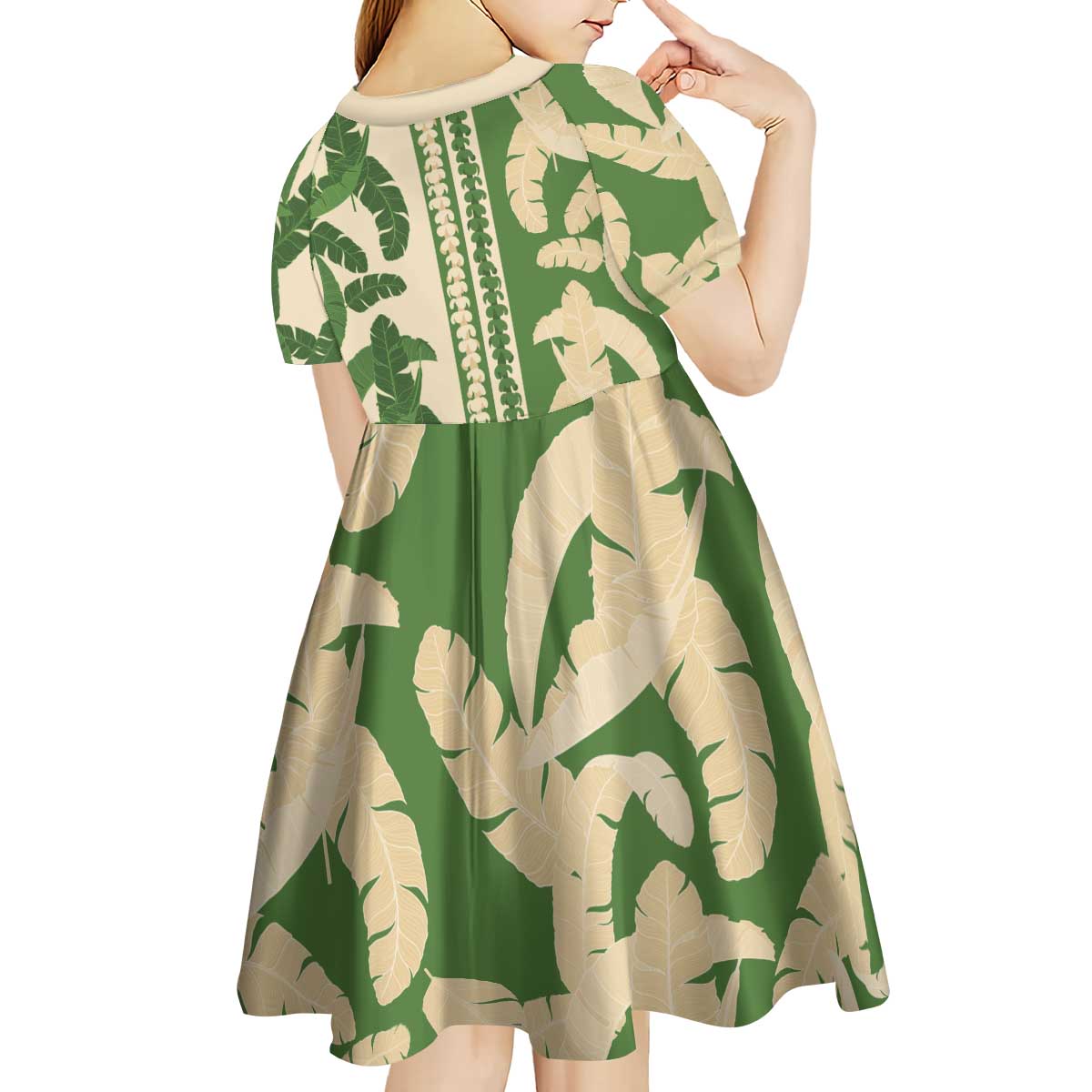 Hawaii Pua Kenikeni Lei Kid Short Sleeve Dress With Lau Maia Green LT05 - Polynesian Pride