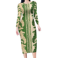 Hawaii Pua Kenikeni Lei Long Sleeve Bodycon Dress With Lau Maia Green LT05 Long Dress Green - Polynesian Pride