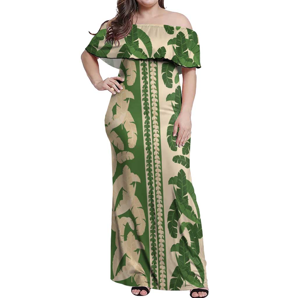 Hawaii Pua Kenikeni Lei Off Shoulder Maxi Dress With Lau Maia Green