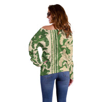 Hawaii Pua Kenikeni Lei Off Shoulder Sweater With Lau Maia Green
