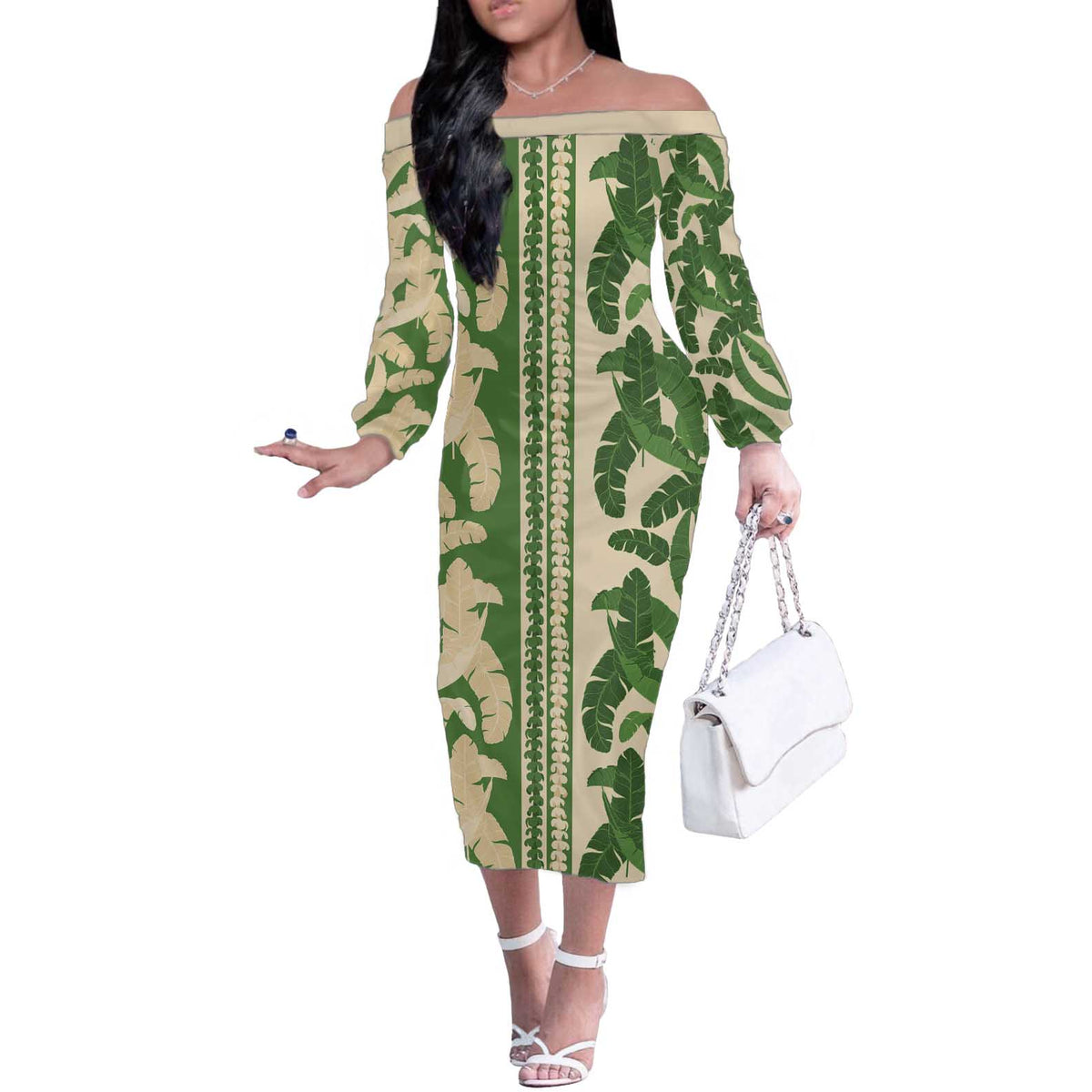 Hawaii Pua Kenikeni Lei Off The Shoulder Long Sleeve Dress With Lau Maia Green LT05 Women Green - Polynesian Pride