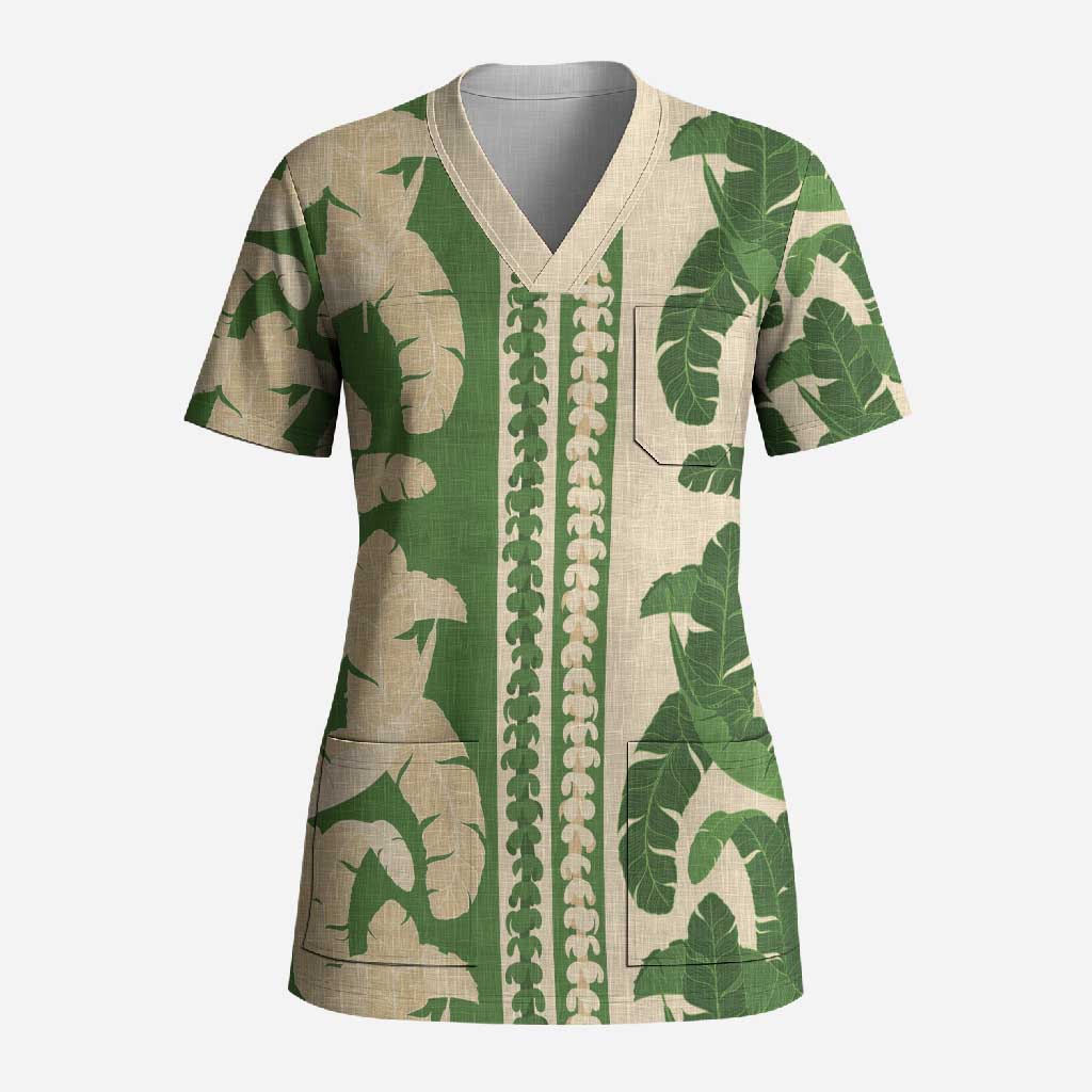 Hawaii Pua Kenikeni Lei Scrub Top With Lau Maia Green LT05 Adult Green - Polynesian Pride